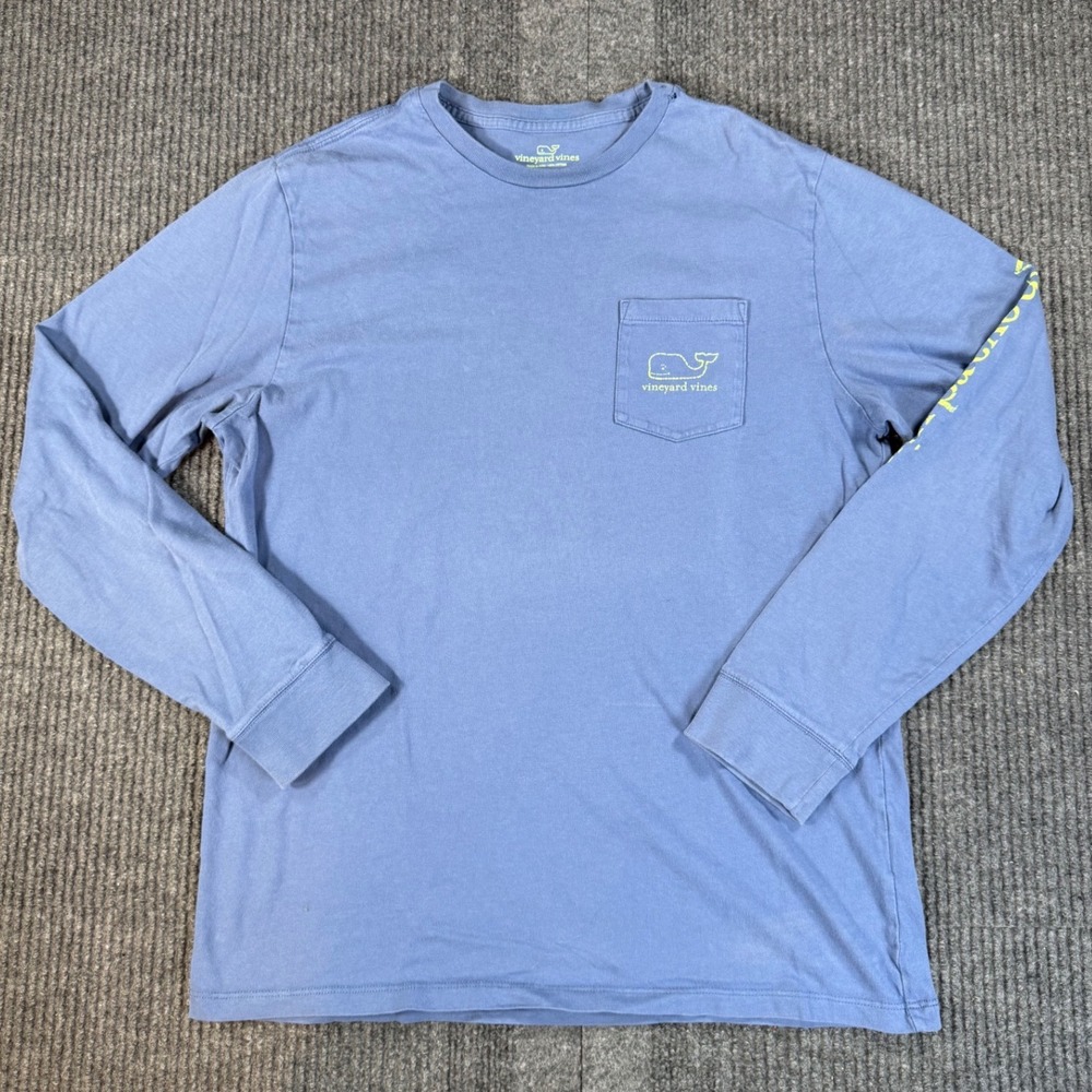 Vineyard Vines Boys XL 18 Long Sleeve Pocket T-Shirt Blue Neon Yellow Whale Logo